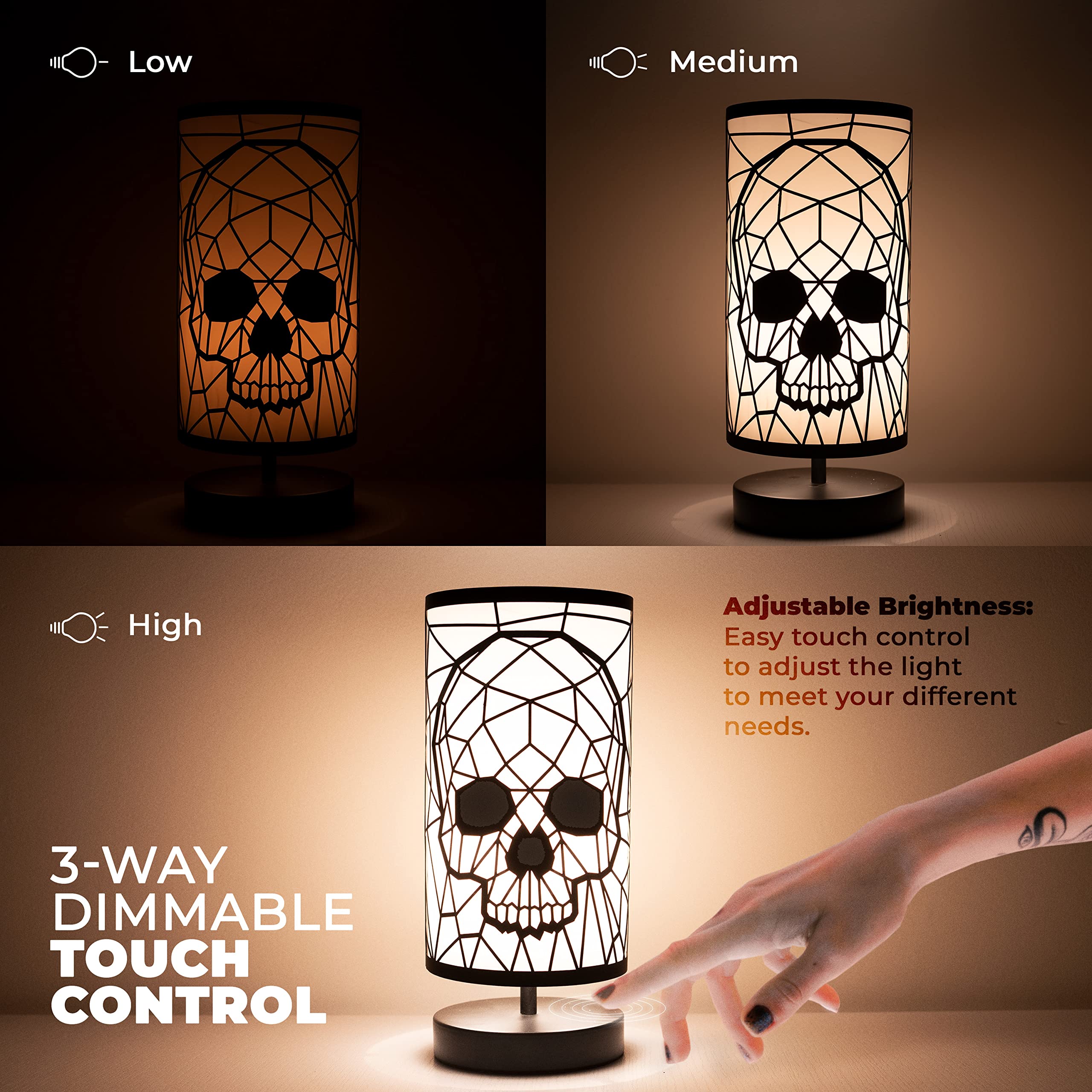 Black Skull Lamp with 3-Way Dimmable Touch Control