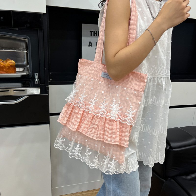 Lace Trim Tote Bag for Women New Cake Bag Pink